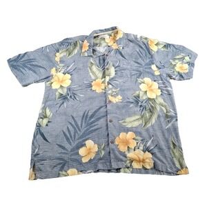 Tommy Bahama 100% Silk Hawaiian Shirt - Retro/Vintage - Blue with Flowers XL